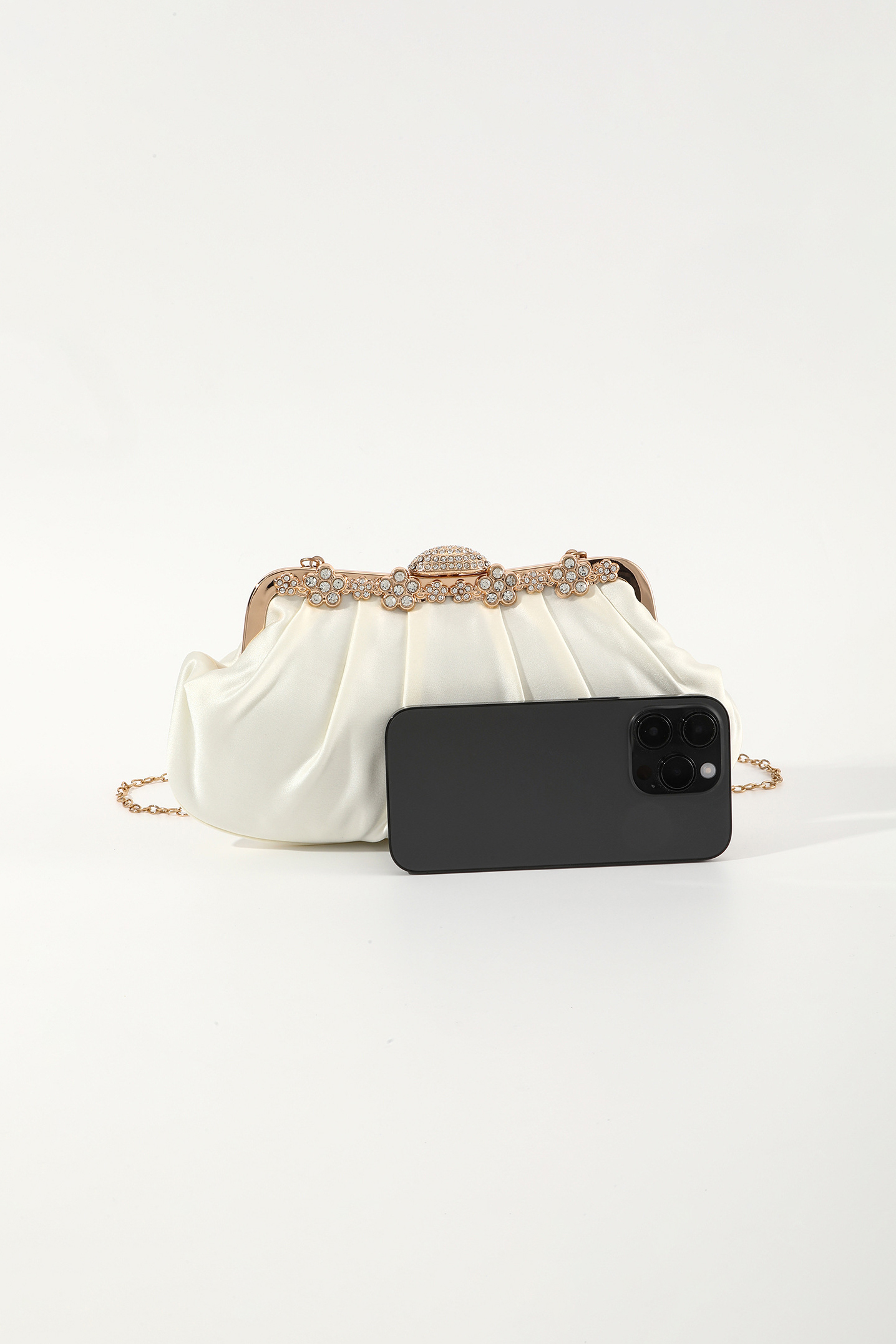 Vintage Clip-On Satin Bag Evening Party Diamond Chain Dumpling Bag