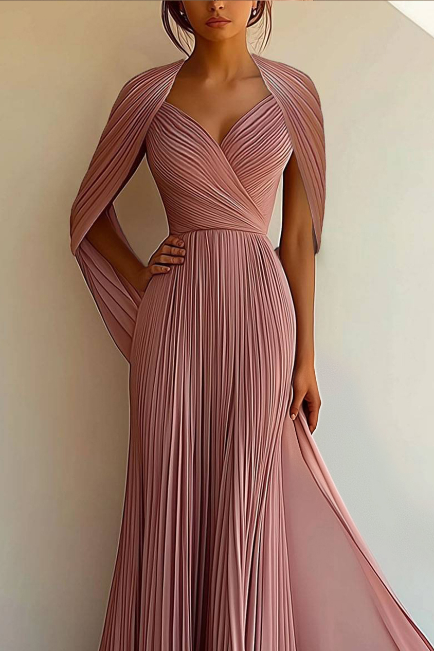 Party Prom Dress Pleated Cross V-neck Cape Sleeve Floor-length Gown