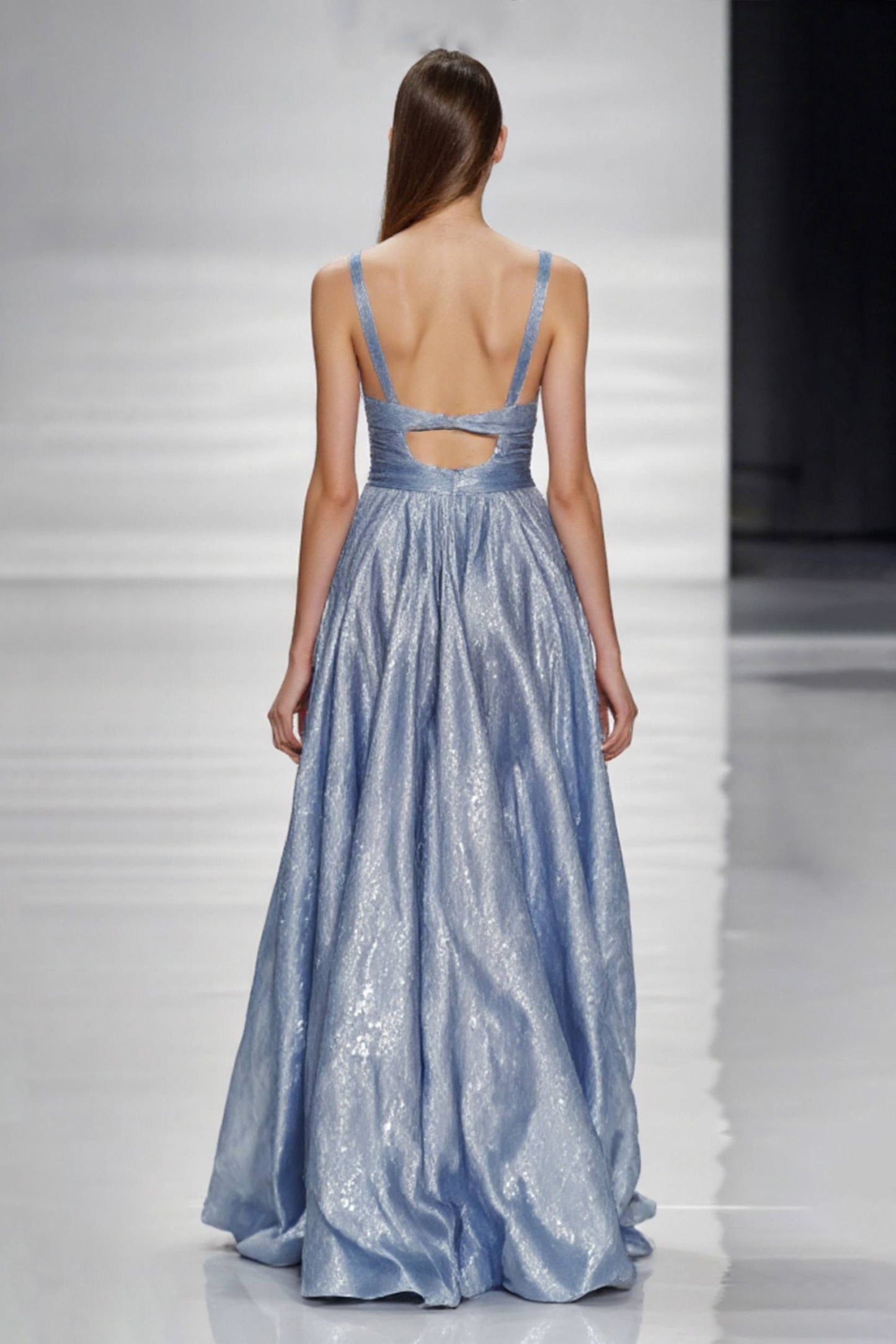 Graduation Party Spaghetti Strap Dress Blue Glossy High Slit Floor-Length Dress