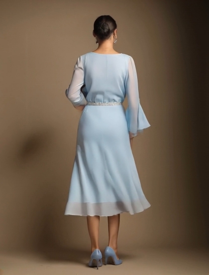 Daily Party Chiffon Dress Light Blue Round Neck Long Sleeve Ruffle Midi Dress