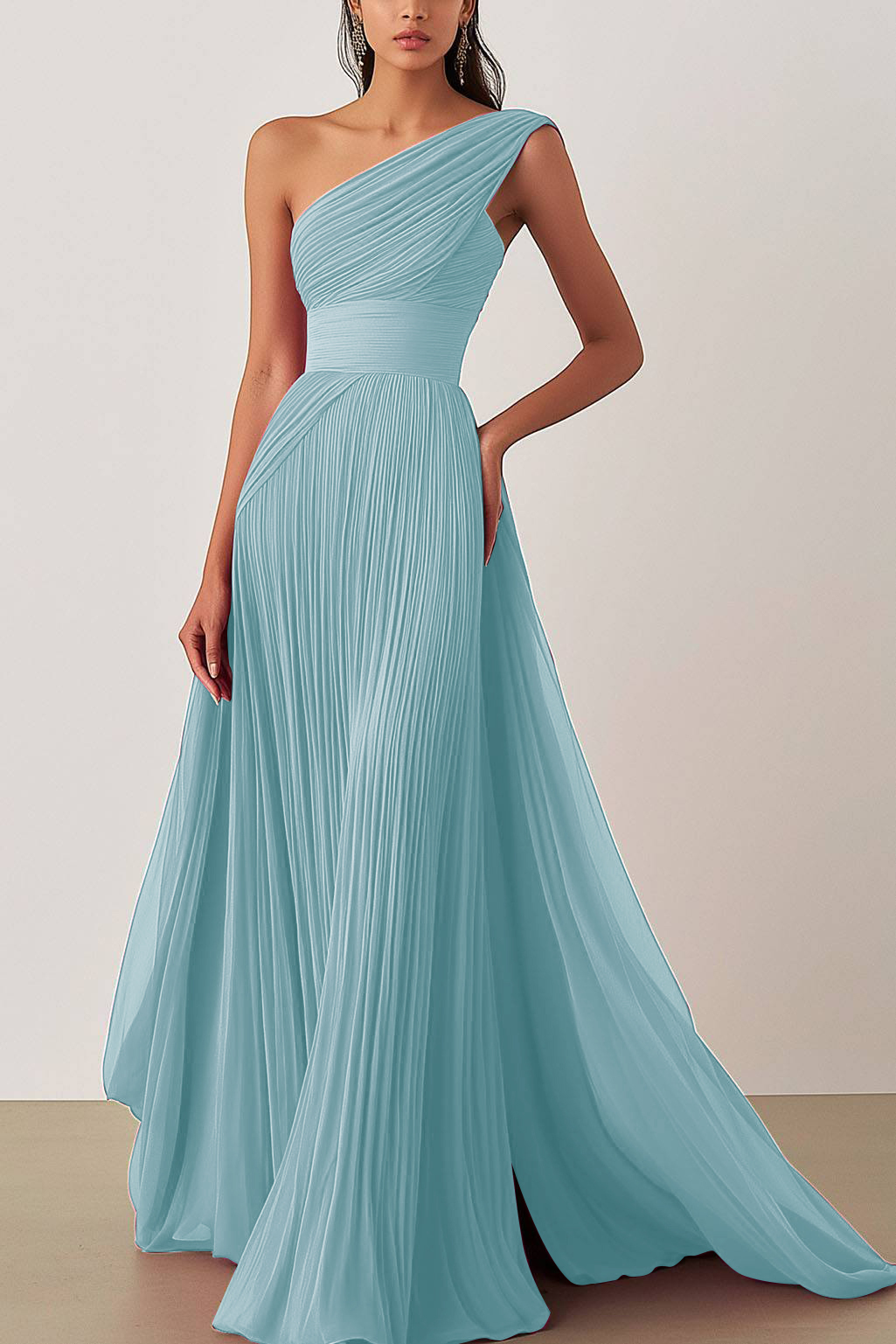 Prom Formal Pleated Dress Rose Color One-Shoulder Floor-Length Dress