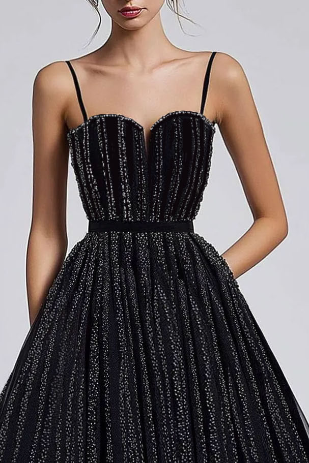 Prom Party Mesh Dress Slip Black Pleated Glitter Midi Dress