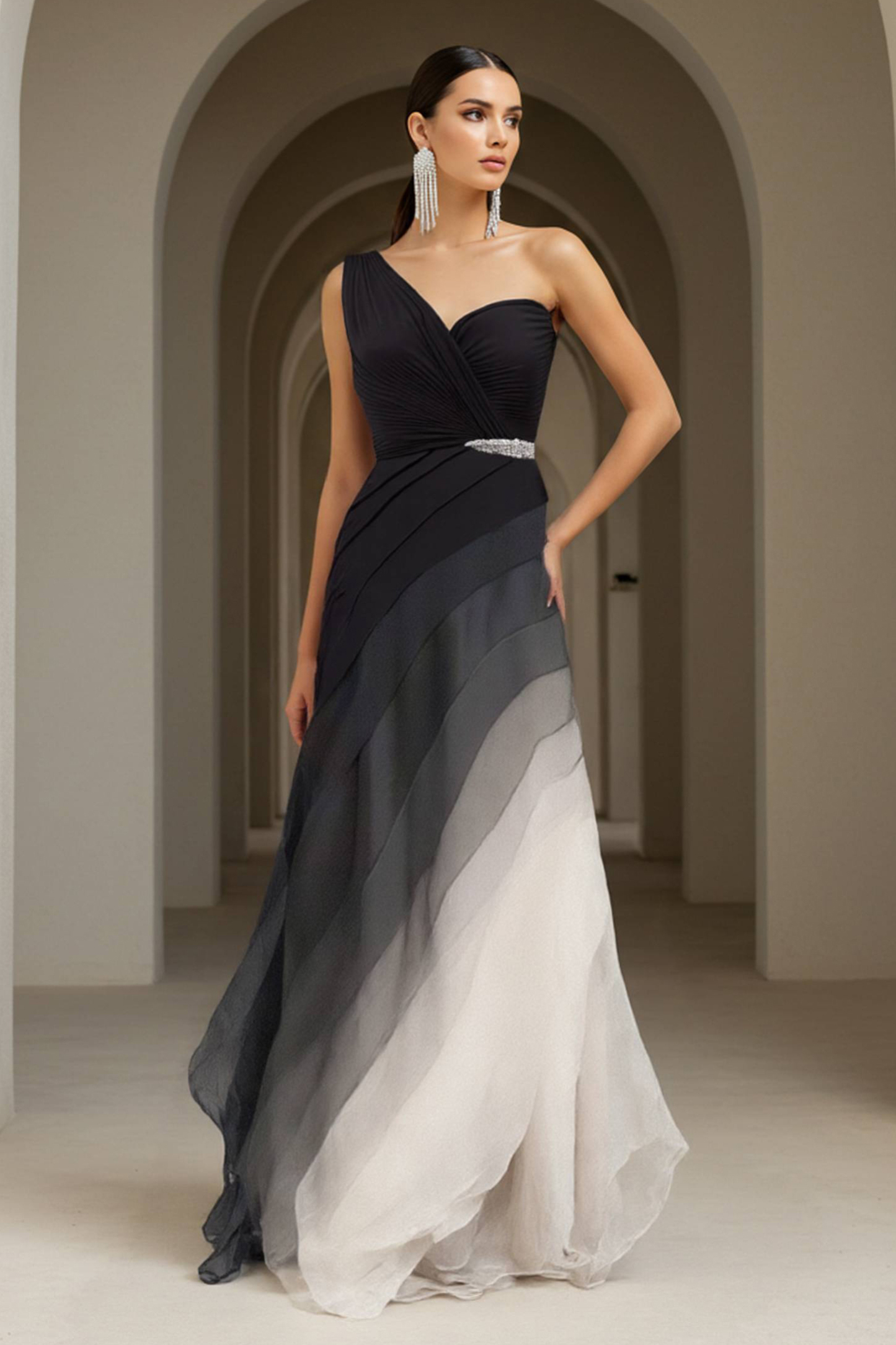 Formal Evening Dress Black White Ombre Floor-Length Gown