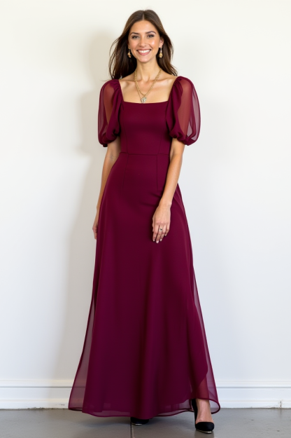 Cocktail​ Party ​Semi Formal Dress​ Mesh Burgundy Square Neck Maxi Dress