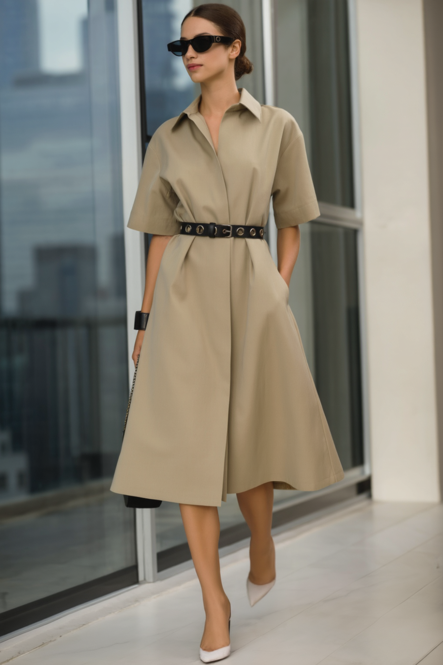 Work Casual Dress Khaki Shirt Collar Belted Midi Dress