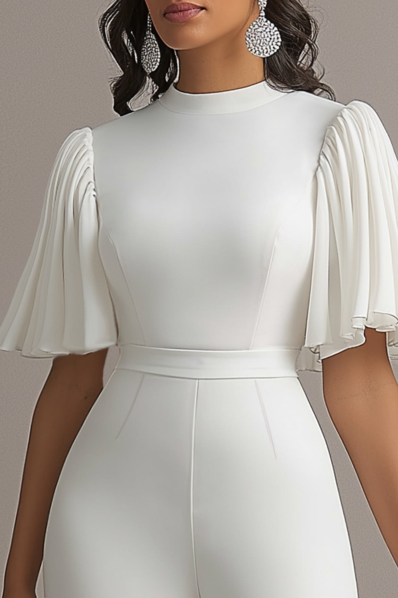 ​Business​ Jumpsuit White Stand Collar Long Sleeve Wide-Leg