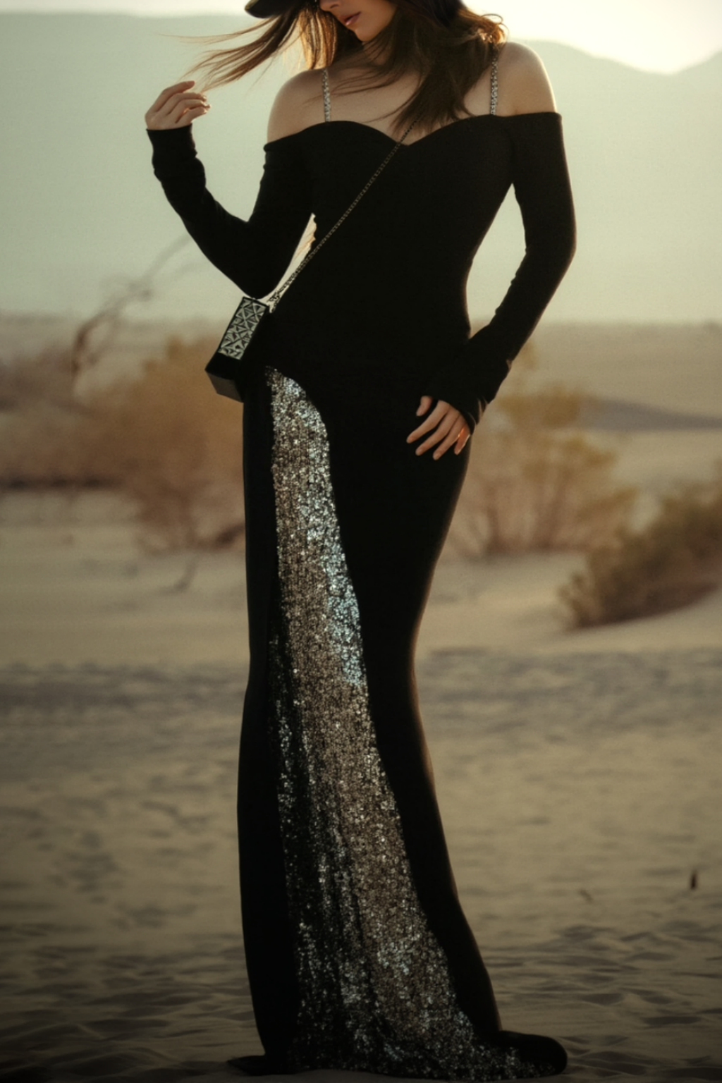​Evening Sequin Dress Black Off Shoulder Floor-Length Dress