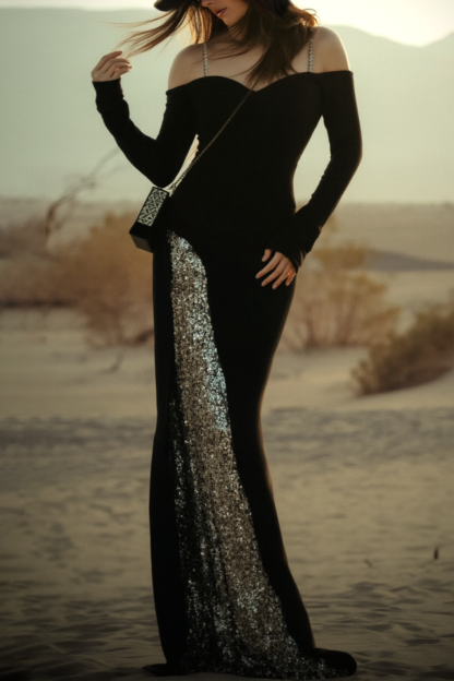​Evening Sequin Dress Black Off Shoulder Floor-Length Dress