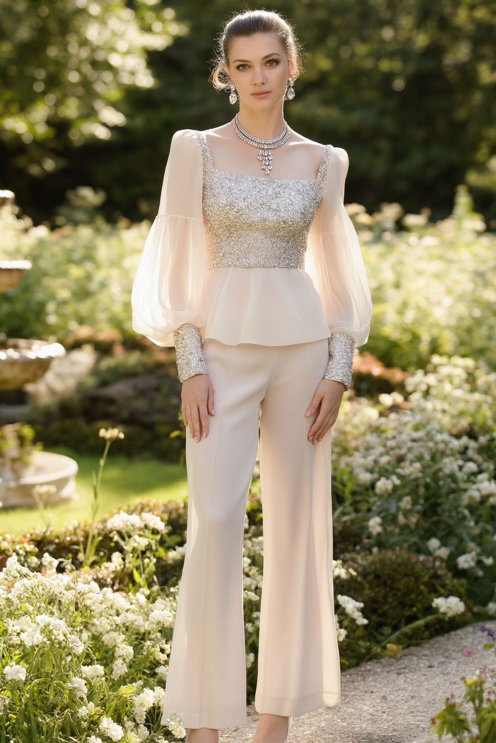 Wedding Guest Outfit Sets Beige Square Neck Sequin Chiffon Wide-Leg