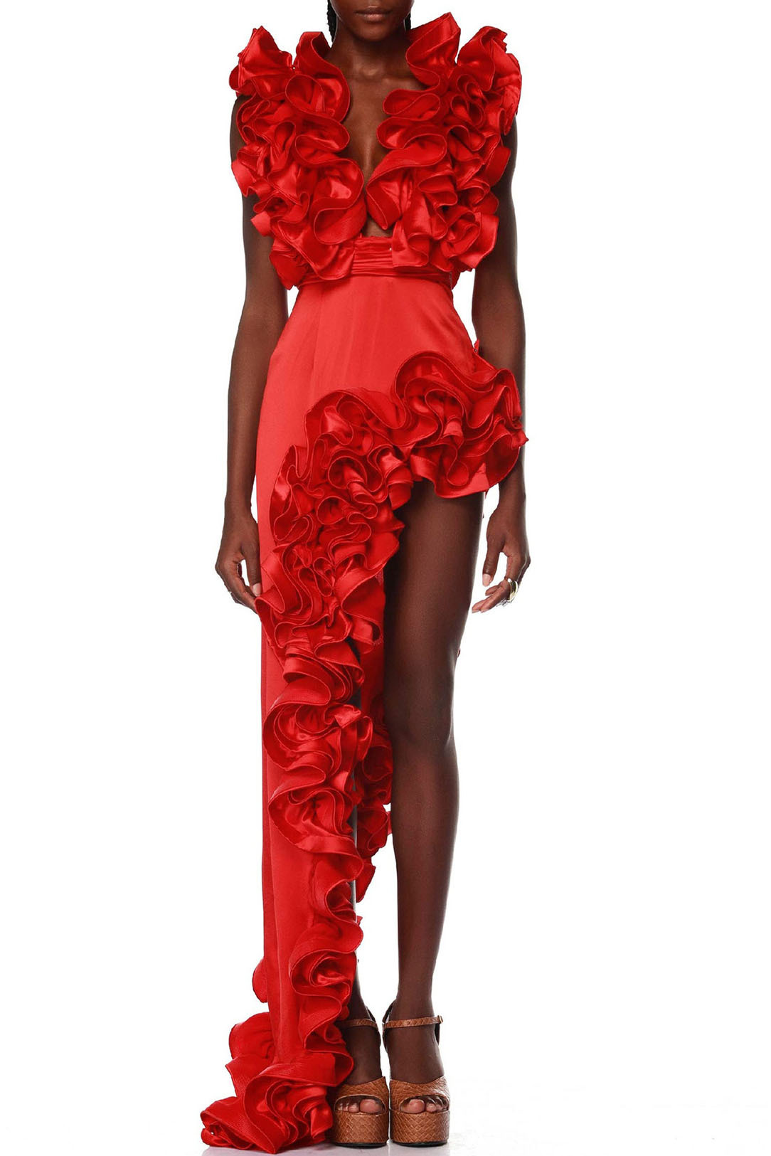 Red Ruffle One Shoulder Swimsuit and Matching Asymmetric Skirt