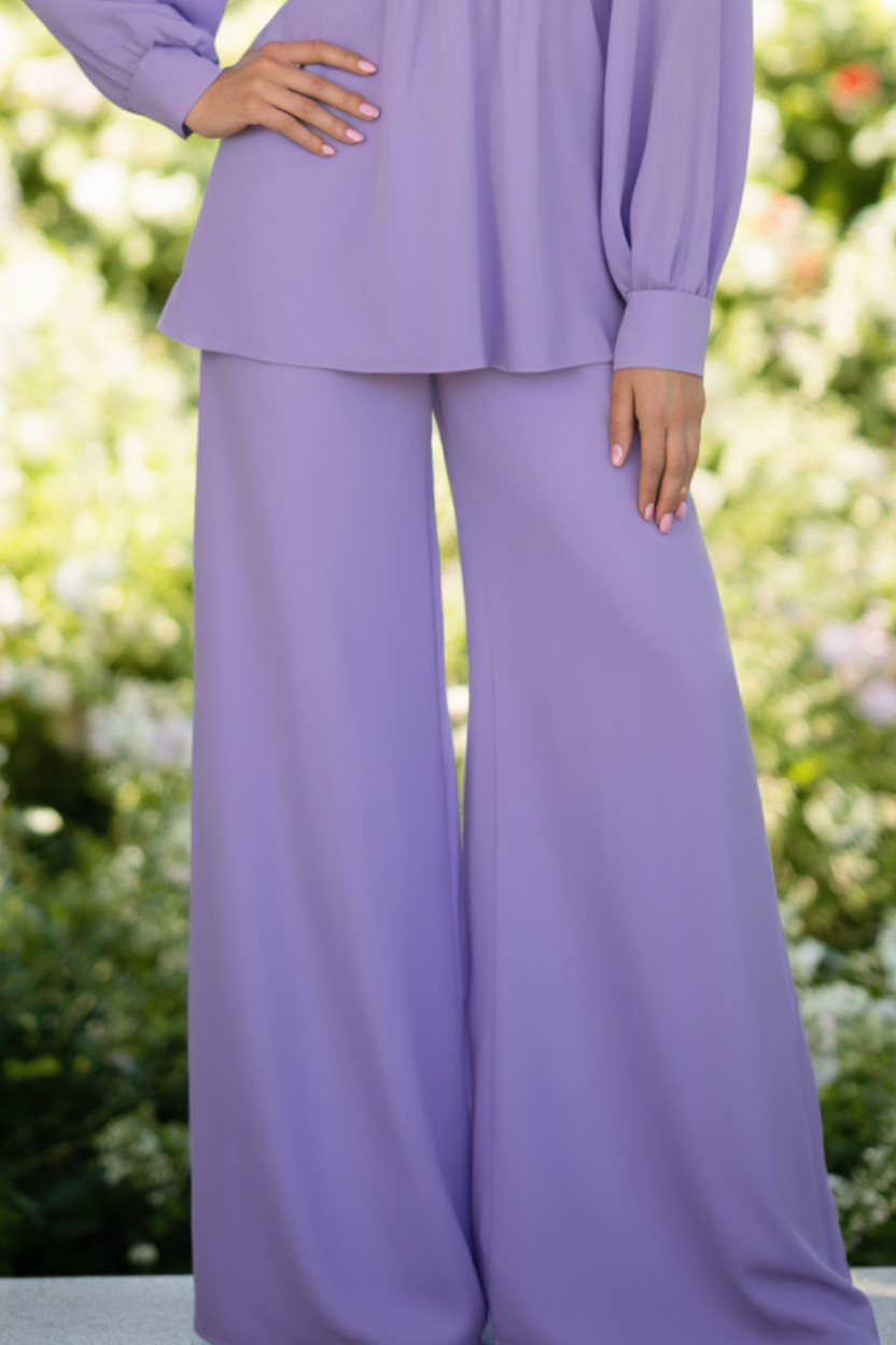 Casual Outfit Sets Purple V Neck Wide-Leg Pants Set