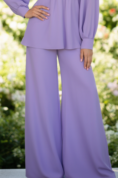 Casual Outfit Sets Purple V Neck Wide-Leg Pants Set 