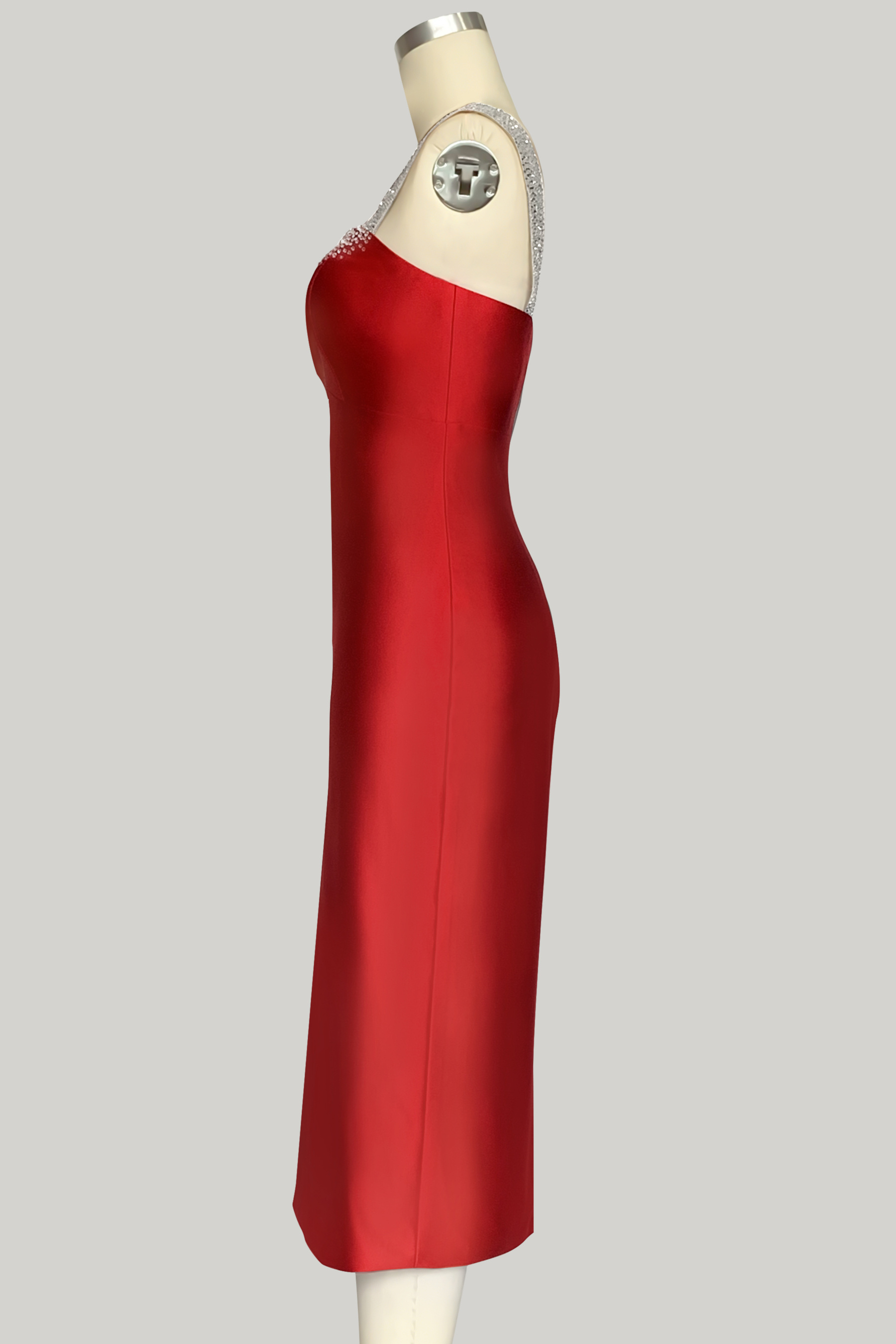 Cocktail ​Party Satin ​​Dress​ Red V-Neck Wide Strap Rhinestones Midi Dress