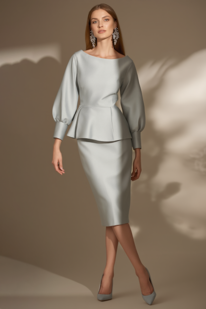 Work Outfit Sets Gray Crew Neck Knee Skirt Dress