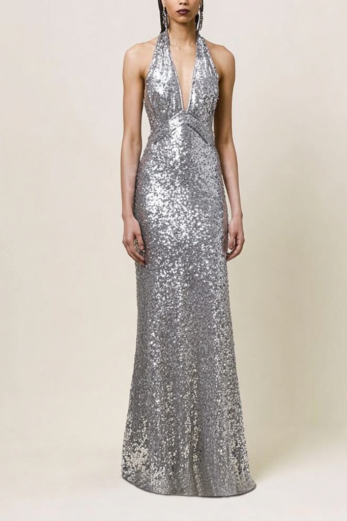 Evening Dress Silver Halter Neck Sequin Maxi Dress