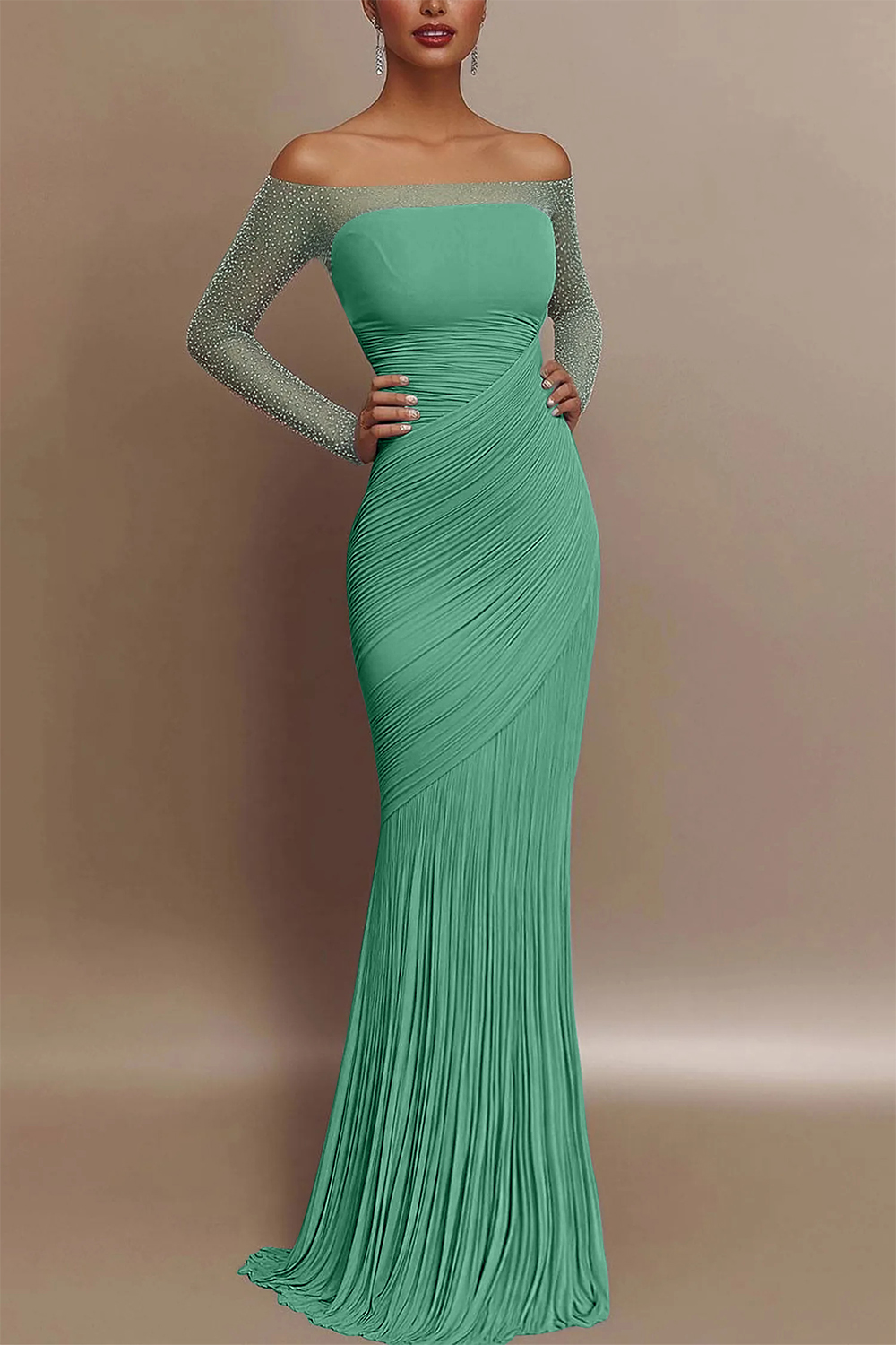 Evening Prom Gown Off Shoulder Glitter Pleated Light Blue Maxi Dress