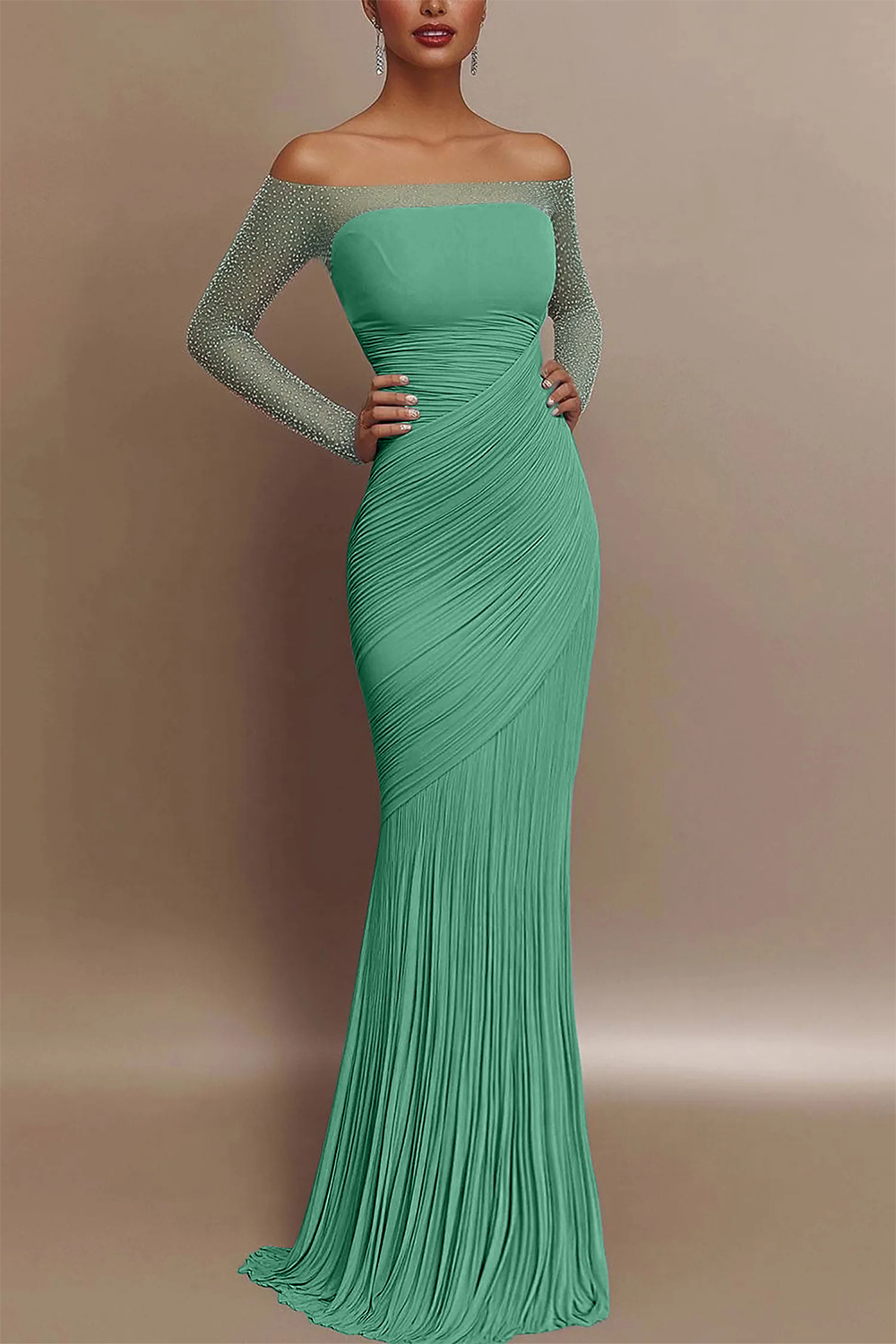Evening Prom Gown Off Shoulder Glitter Pleated Light Blue Maxi Dress