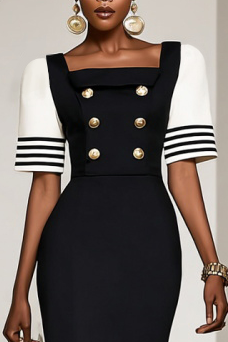 Work Dress Navy Square Neck Colorblock Midi Dress