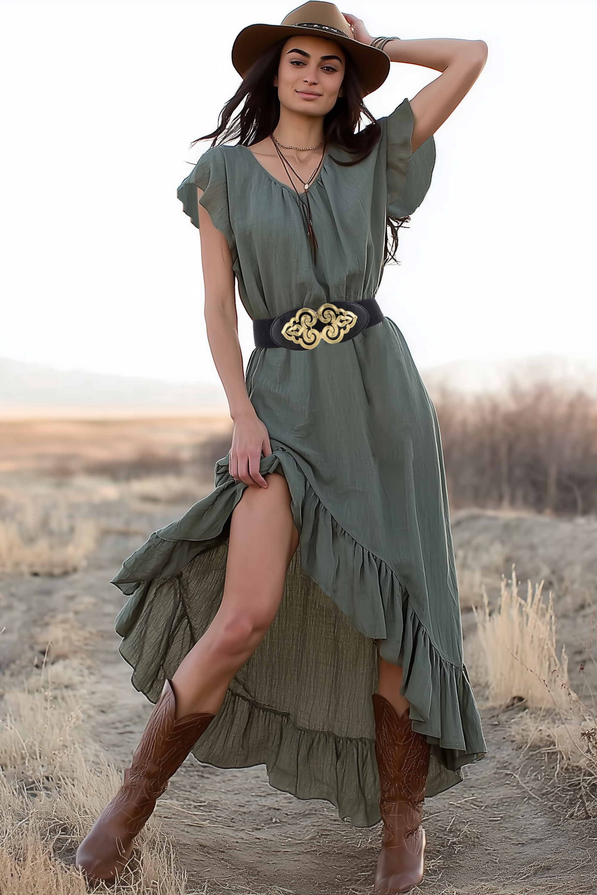 Boho Dress Green V Neck Ruffle Belted Maxi Dress