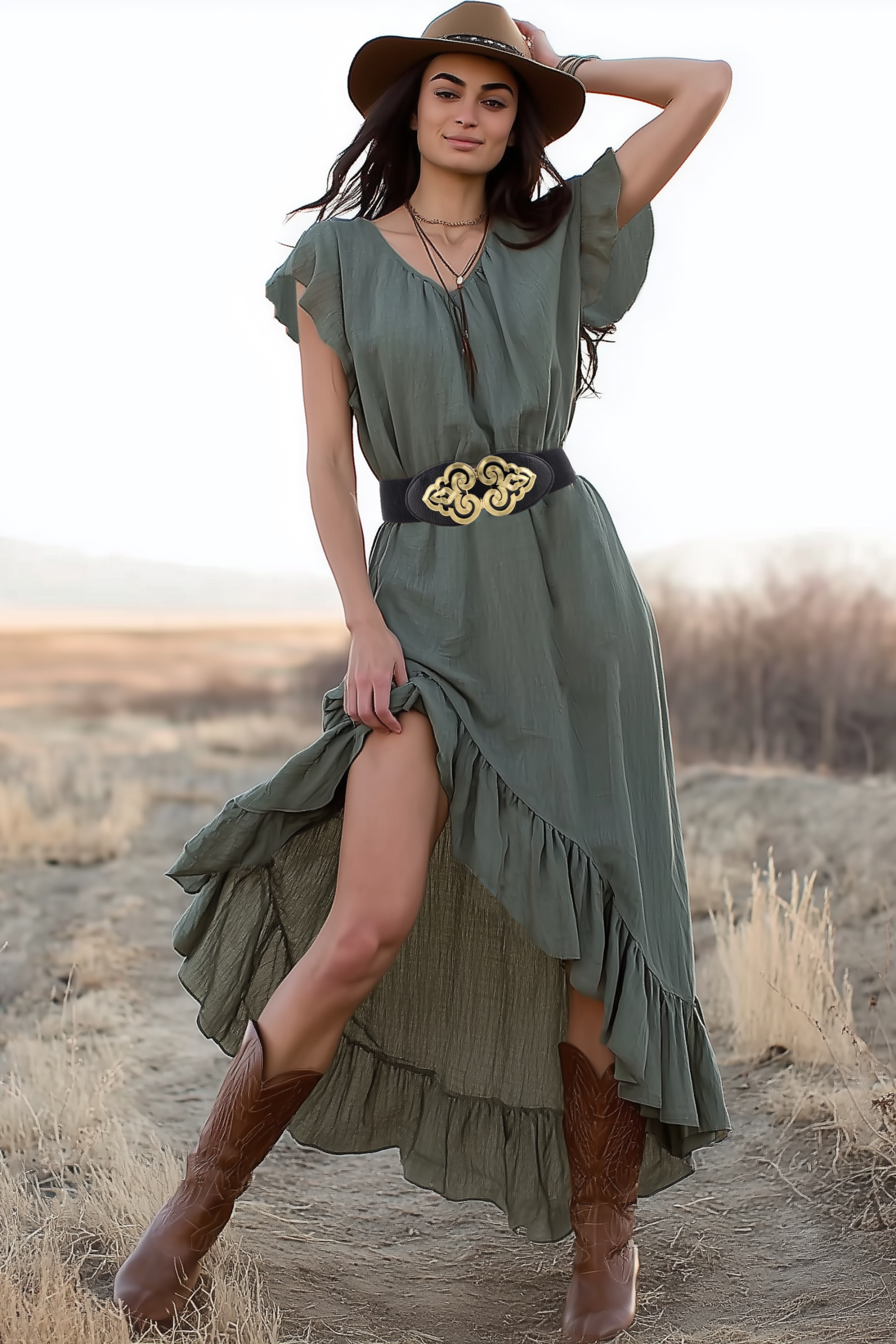 Boho Dress Green V Neck Ruffle Belted Maxi Dress
