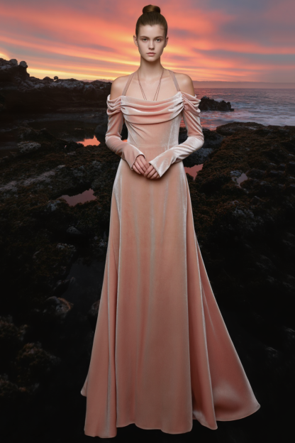 Evening Dress Pink Halter Neck Velvet Maxi Dress