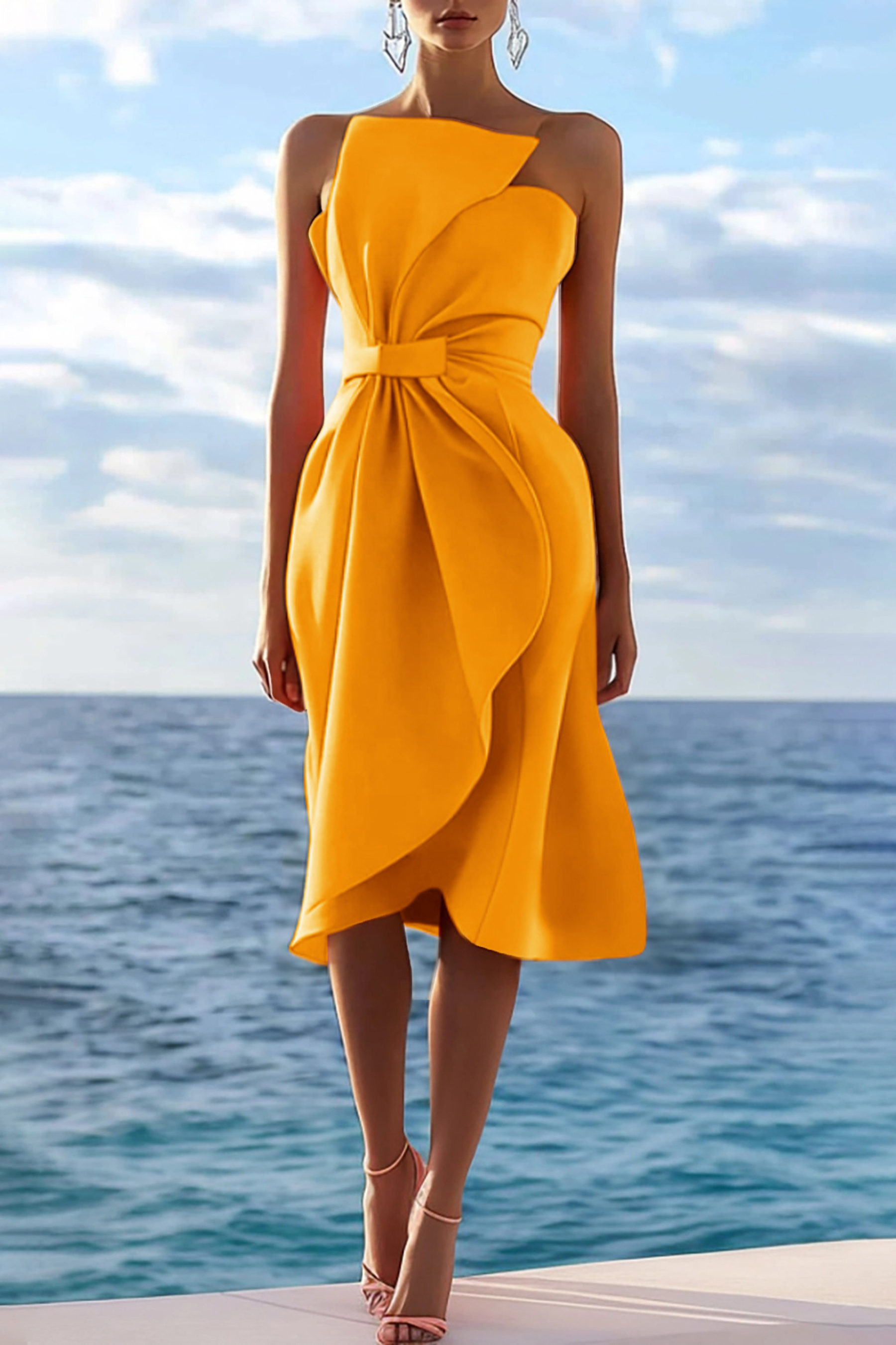 Cocktail Party Strapless Dress Orange Bow Pleated Knee-Length Dress