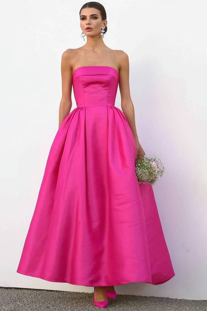 Formal ​Evening Dress Neon Pink Strapless Maxi Dress