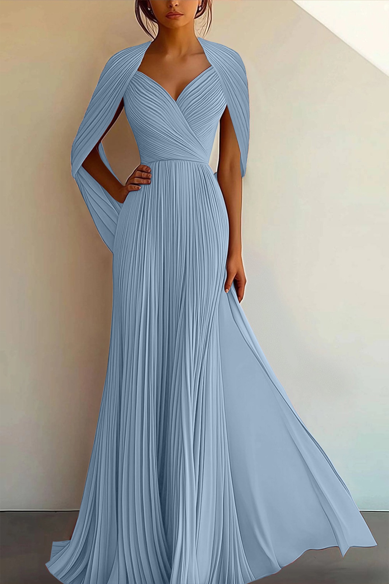 Party Prom Dress Pleated Cross V-neck Cape Sleeve Maxi Gown