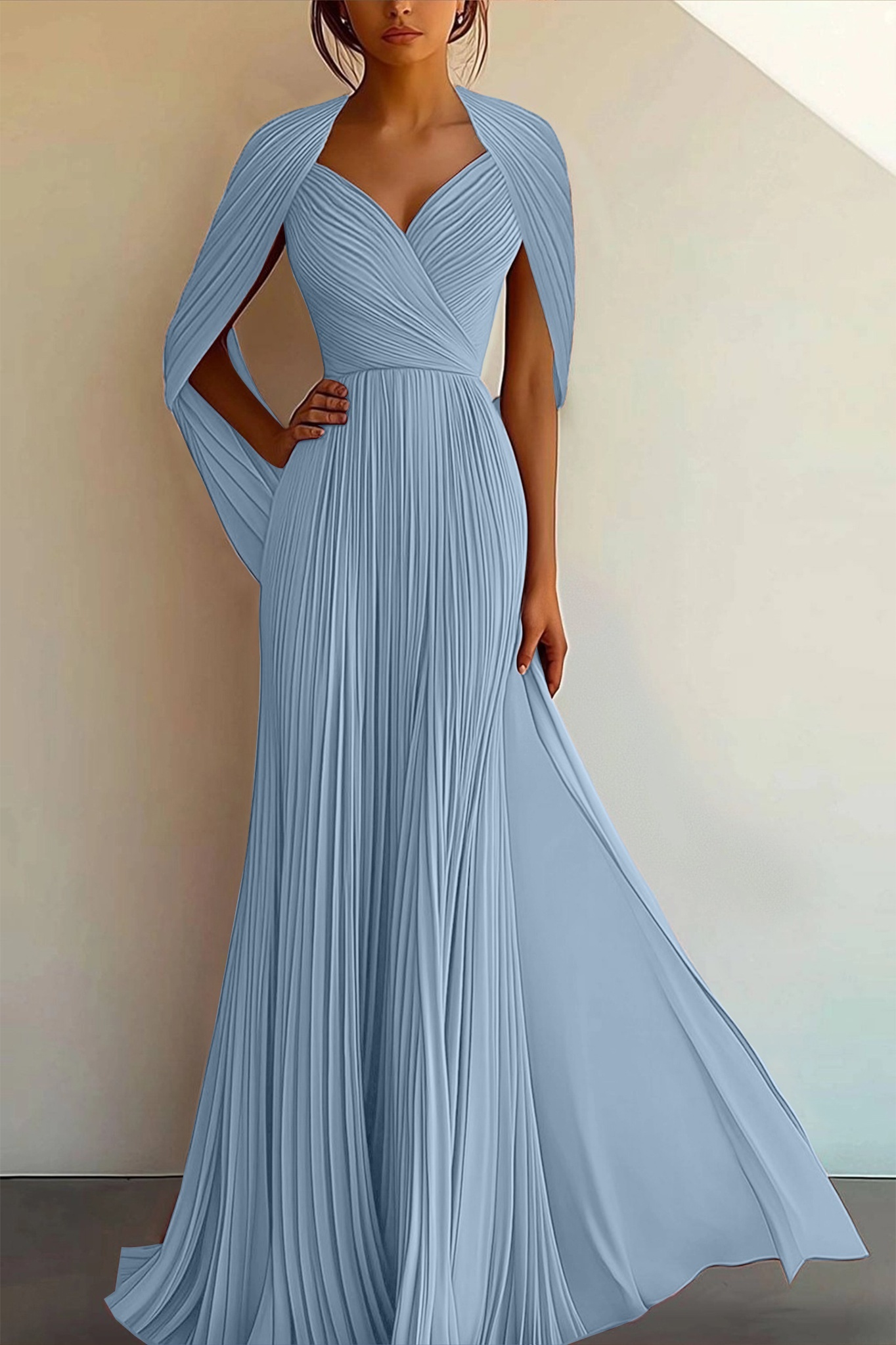 Party Prom Dress Pleated Cross V-neck Cape Sleeve Maxi Gown