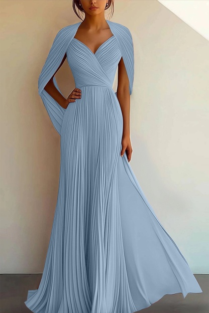 Party Prom Dress Pleated Cross V-neck Cape Sleeve Maxi Gown