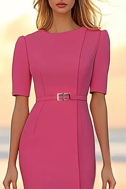Work Semi-Formal Dress Pink Half Sleeve Round Neck Knee-Length Dress