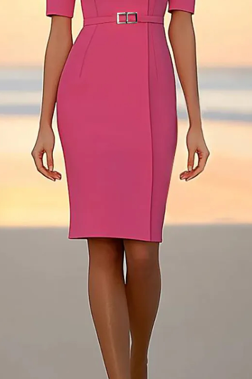 Work Semi-Formal Dress Pink Half Sleeve Round Neck Knee-Length Dress