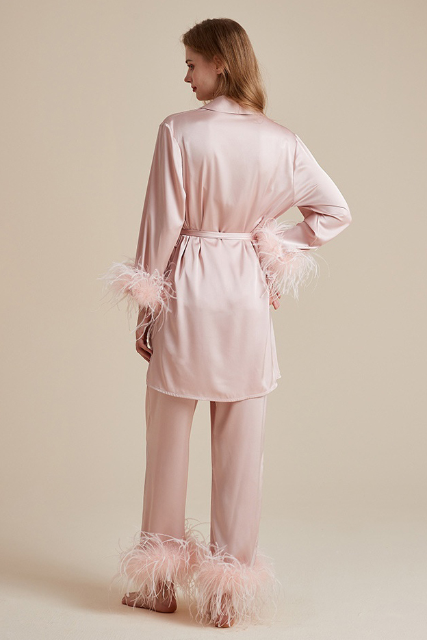 Bridal Bridesmaid Pajama Set Pink V Neck Feather Outfit 3 Piece