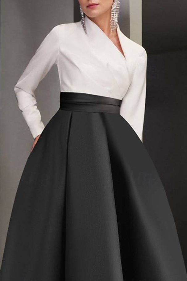 Formal Dress Black White Long Sleeve Asymmetrical Neck A-Line Gown