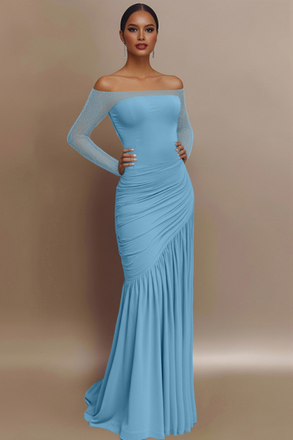 Evening Prom Gown Off The Shoulder Glitter Ruched Light Blue Maxi Dress