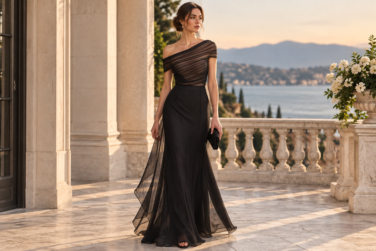 Black one shoulder formal dress in pleated chiffon