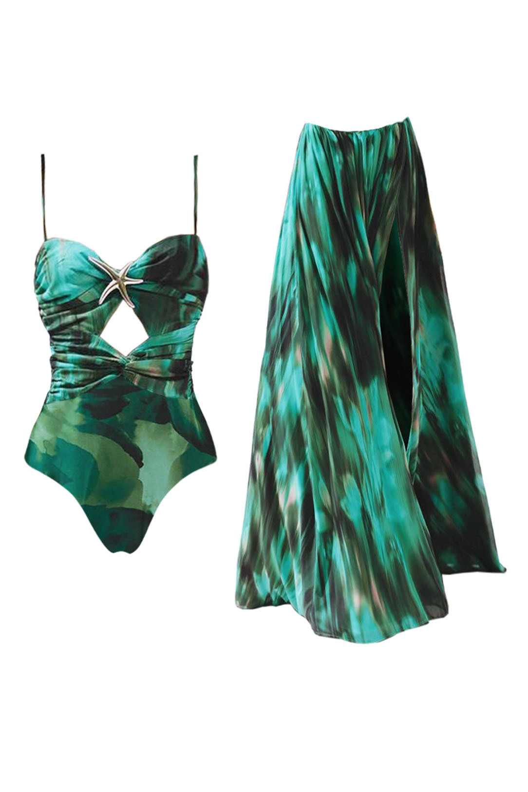 3D Black and White Houndstooth V-Neck One Piece Swimsuit and Wrap Skirt Cover-Up