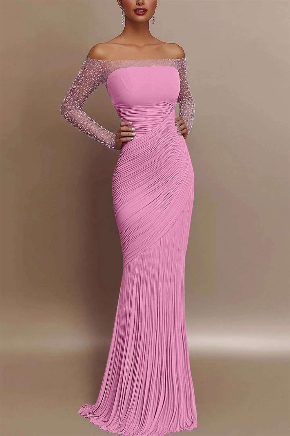 Evening Prom Gown Off Shoulder Glitter Pleated Light Blue Maxi Dress