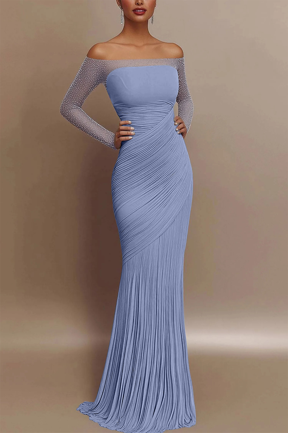Evening Prom Gown Off Shoulder Glitter Pleated Light Blue Maxi Dress