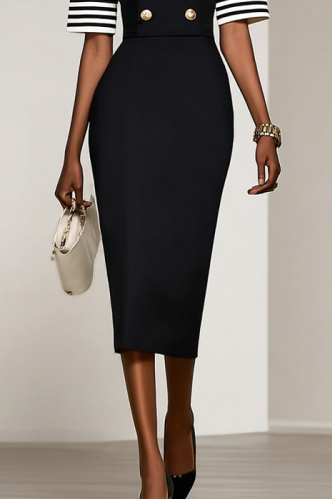 Work Dress Navy Square Neck Colorblock Midi Dress