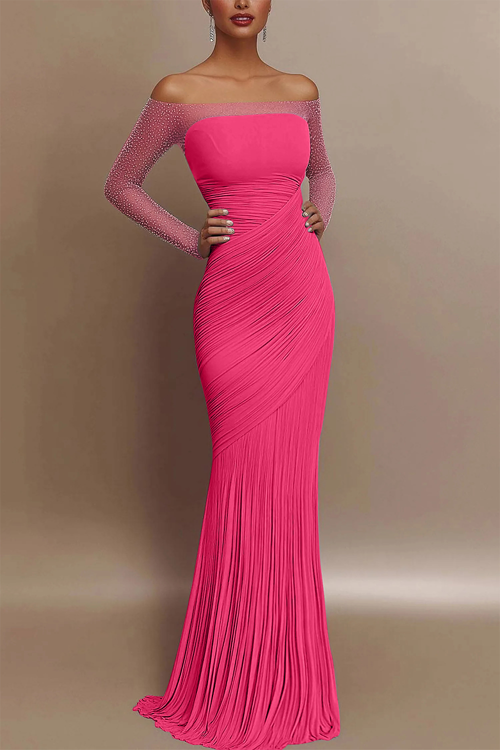 Evening Prom Gown Off Shoulder Glitter Pleated Light Blue Maxi Dress