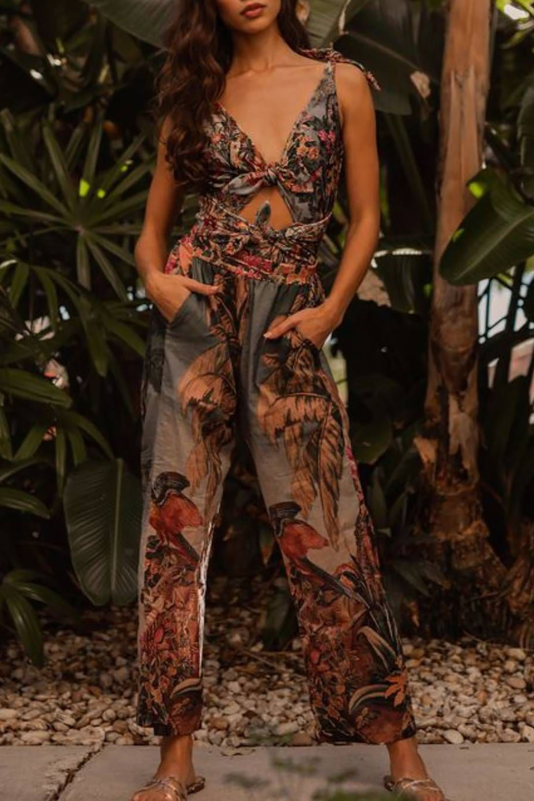 Tie-Up Hollow Vintage Print One-Piece Swimsuit and Trousers