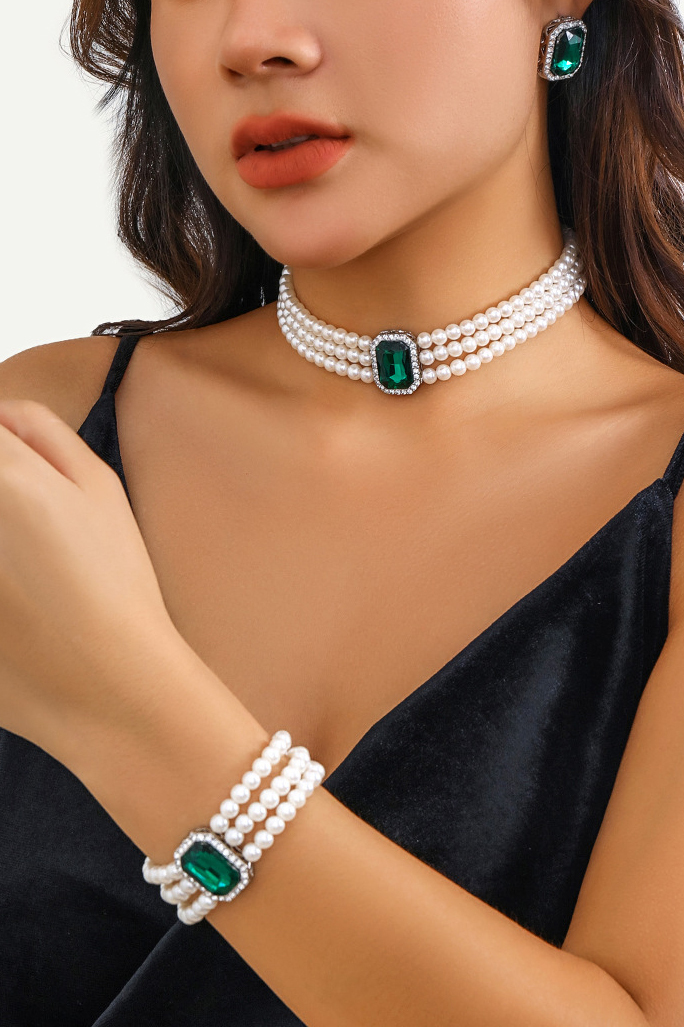 Short Three Layer Pearl Choker Necklace Turquoise Earring Bracelet Set-chiclody