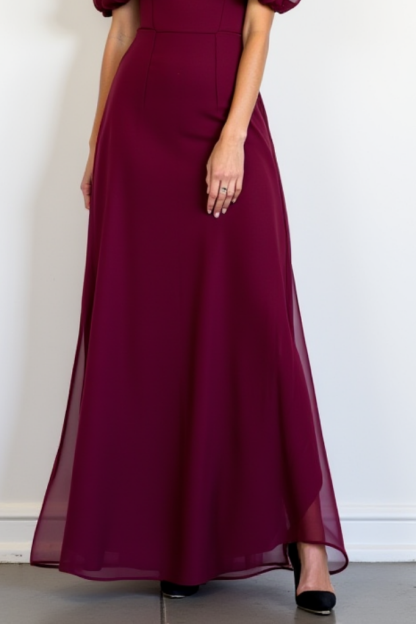 Cocktail​ Party ​Semi Formal Dress​ Mesh Burgundy Square Neck Maxi Dress