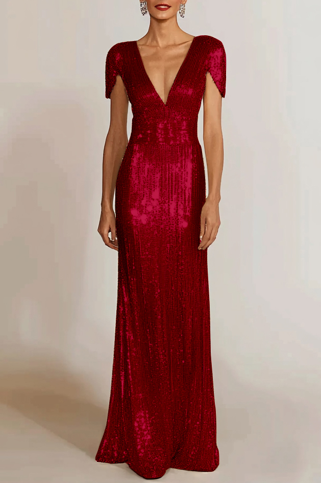 Holiday Party Gold V-Neck Sequins Maxi Dress