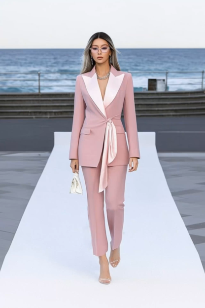 Suit Sets Pink Lapel Pocket Waist Tie Pants Set