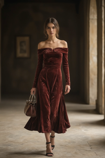 Formal Evening Velvet Dress Burgundy Off The Shoulder Maxi Dress