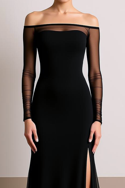 Formal Evening Dress Black Off the Shoulder Slit Maxi Dress