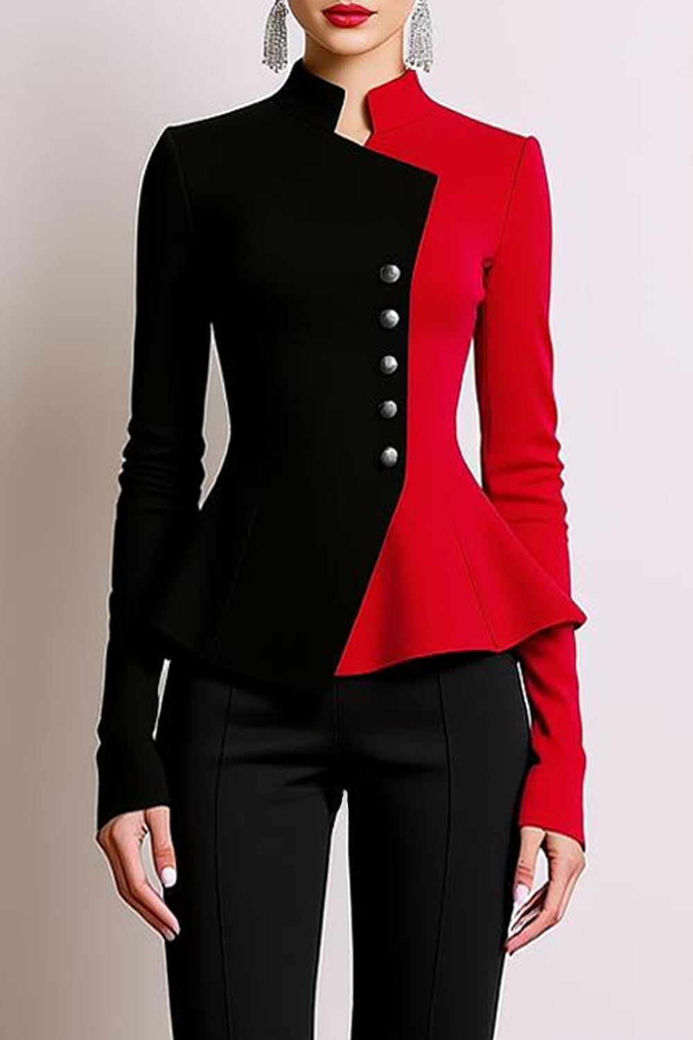Formal Blazer Red Black Long Sleeve Splicing Work Blazer