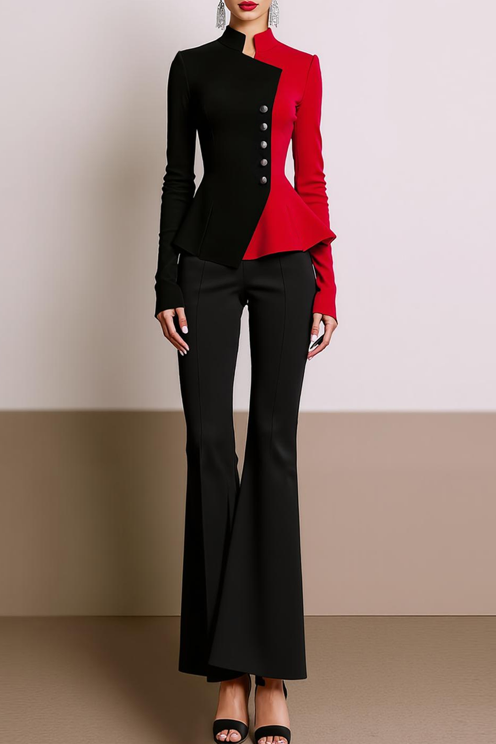 Formal Blazer Red Black Long Sleeve Splicing Work Blazer